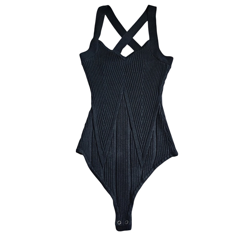 Abercrombie & Fitch Black Ribbed Cross-Back Sweater Bodysuit V-Neck Small